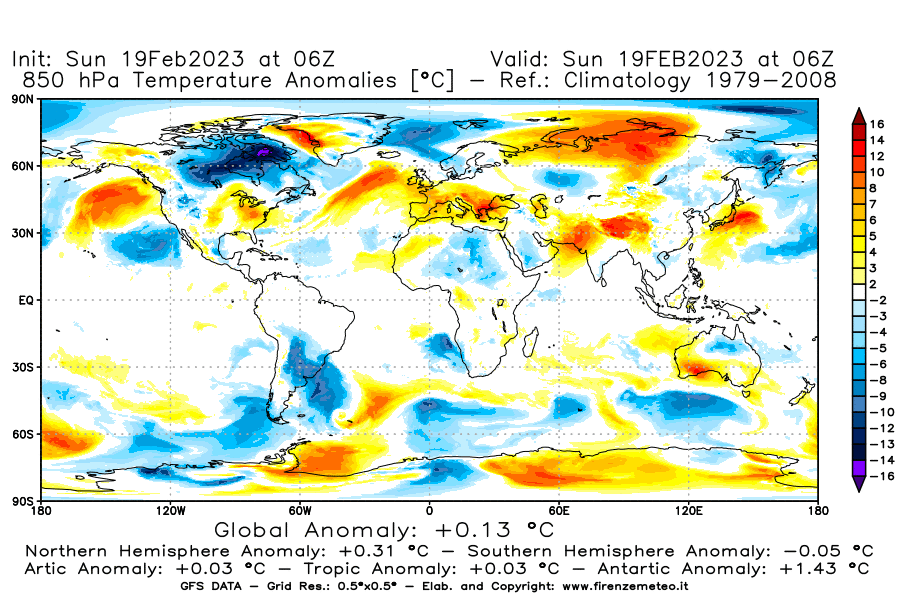 Mappa di analisi GFS - Anomalia Temperatura [°C] a 850 hPa in World
							del 19/02/2023 06 <!--googleoff: index-->UTC<!--googleon: index-->