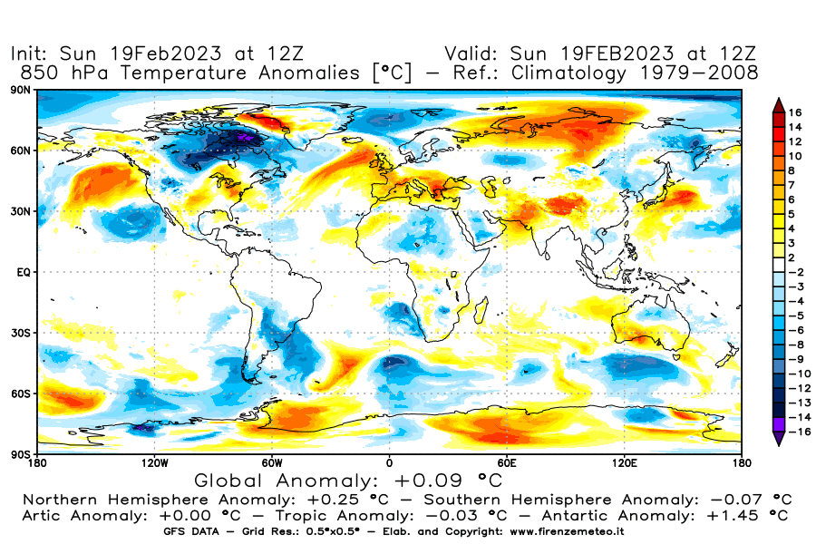 Mappa di analisi GFS - Anomalia Temperatura [°C] a 850 hPa in World
							del 19/02/2023 12 <!--googleoff: index-->UTC<!--googleon: index-->