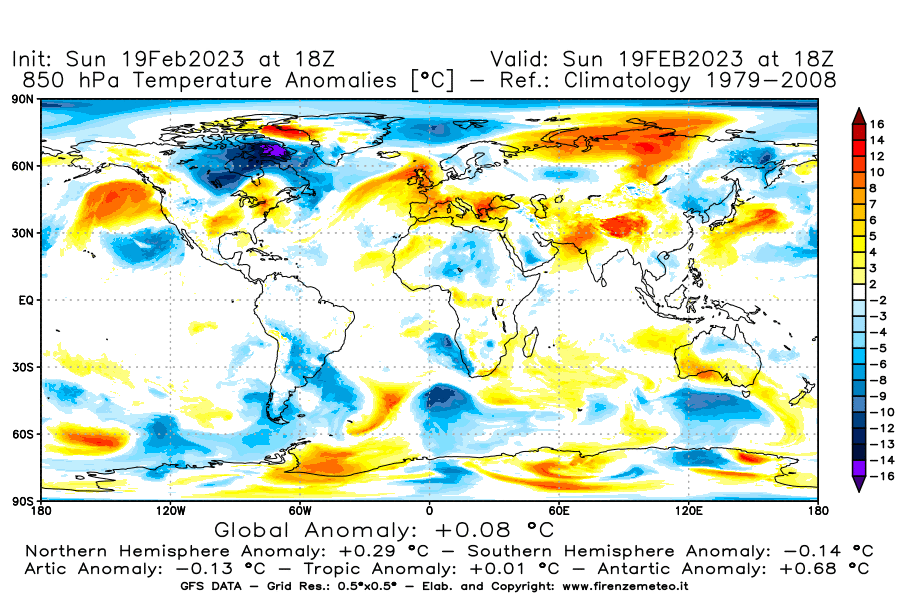 Mappa di analisi GFS - Anomalia Temperatura [°C] a 850 hPa in World
							del 19/02/2023 18 <!--googleoff: index-->UTC<!--googleon: index-->