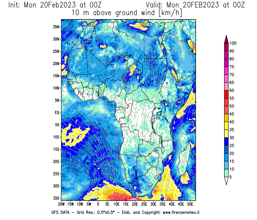 Mappa di analisi GFS - Velocità del vento a 10 metri dal suolo [km/h] in Africa
							del 20/02/2023 00 <!--googleoff: index-->UTC<!--googleon: index-->