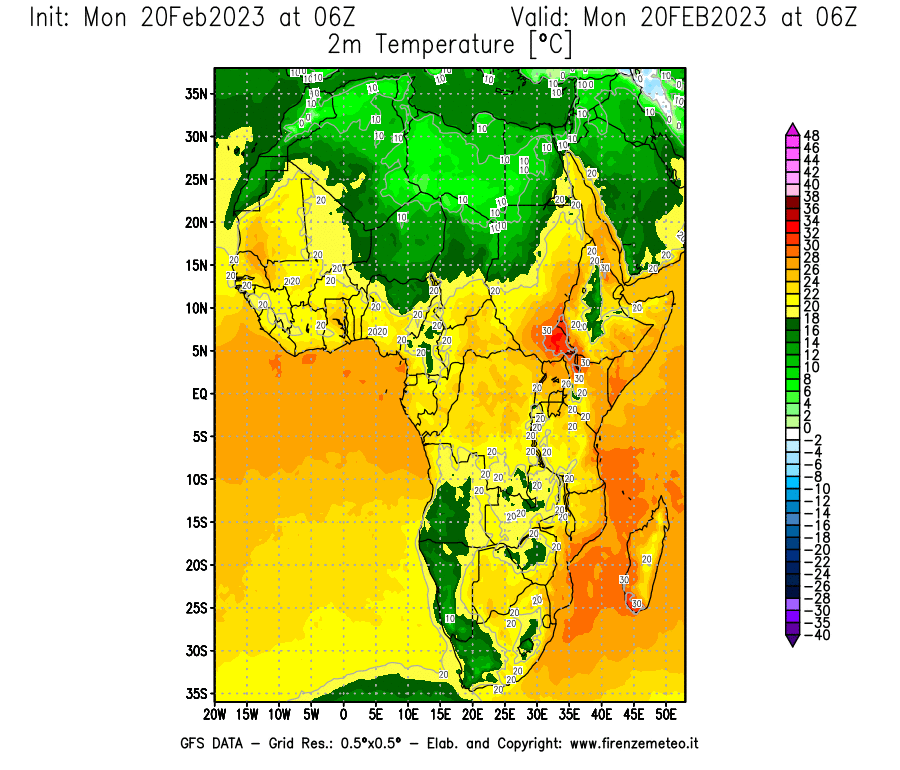 Mappa di analisi GFS - Temperatura a 2 metri dal suolo [°C] in Africa
							del 20/02/2023 06 <!--googleoff: index-->UTC<!--googleon: index-->