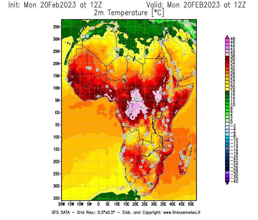 Mappa di analisi GFS - Temperatura a 2 metri dal suolo [°C] in Africa
							del 20/02/2023 12 <!--googleoff: index-->UTC<!--googleon: index-->