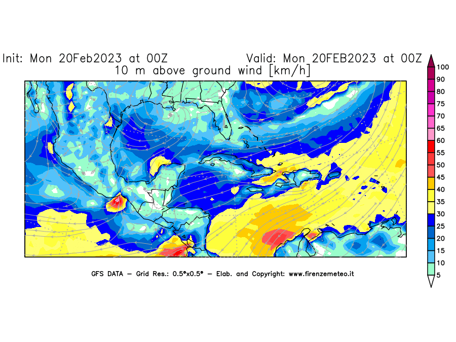 Mappa di analisi GFS - Velocità del vento a 10 metri dal suolo [km/h] in Centro-America
							del 20/02/2023 00 <!--googleoff: index-->UTC<!--googleon: index-->