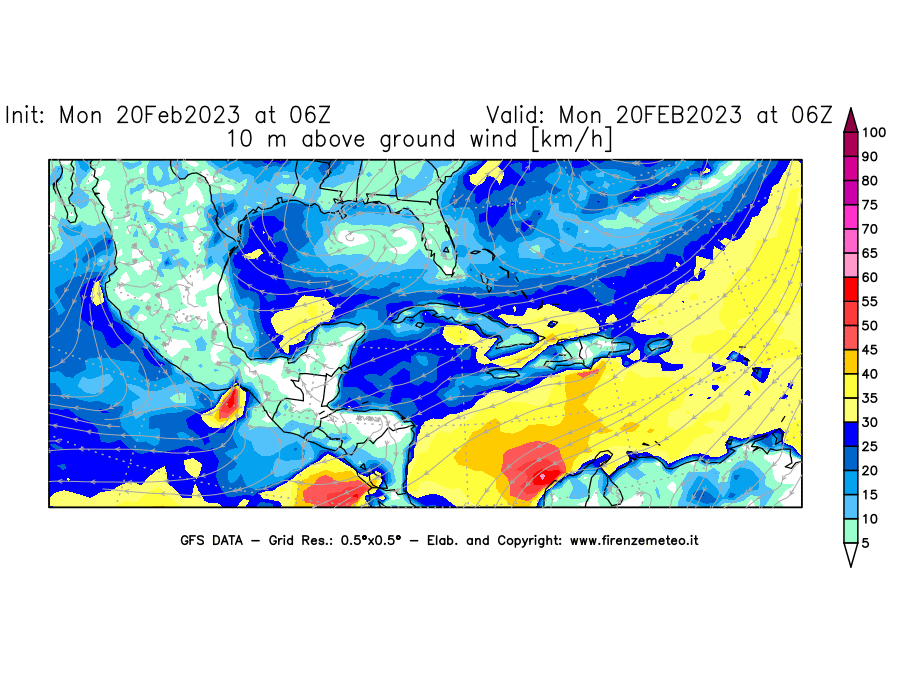 Mappa di analisi GFS - Velocità del vento a 10 metri dal suolo [km/h] in Centro-America
							del 20/02/2023 06 <!--googleoff: index-->UTC<!--googleon: index-->