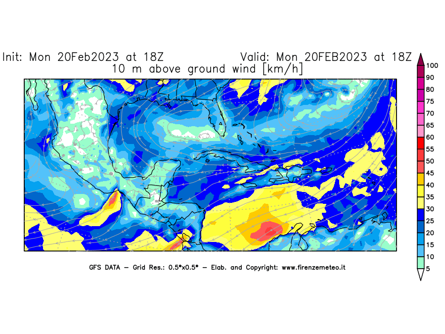 Mappa di analisi GFS - Velocità del vento a 10 metri dal suolo [km/h] in Centro-America
							del 20/02/2023 18 <!--googleoff: index-->UTC<!--googleon: index-->