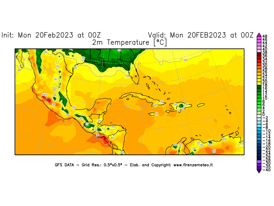 Mappa di analisi GFS - Temperatura a 2 metri dal suolo [°C] in Centro-America
							del 20/02/2023 00 <!--googleoff: index-->UTC<!--googleon: index-->