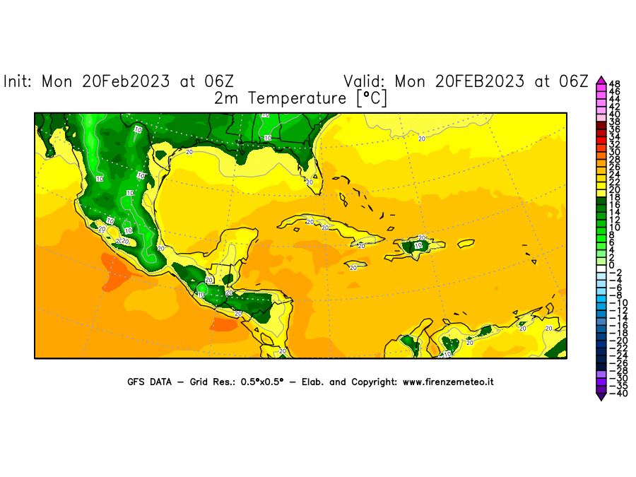 Mappa di analisi GFS - Temperatura a 2 metri dal suolo [°C] in Centro-America
							del 20/02/2023 06 <!--googleoff: index-->UTC<!--googleon: index-->