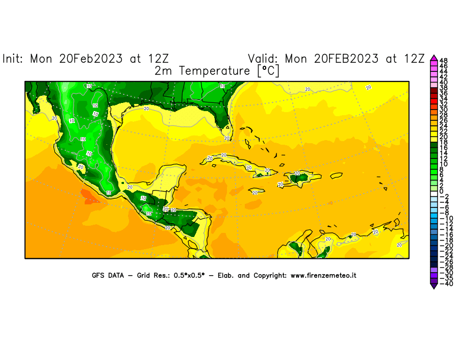 Mappa di analisi GFS - Temperatura a 2 metri dal suolo [°C] in Centro-America
							del 20/02/2023 12 <!--googleoff: index-->UTC<!--googleon: index-->