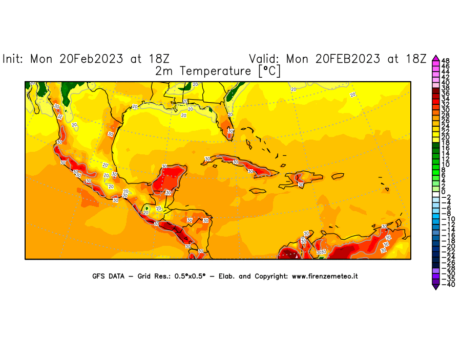 Mappa di analisi GFS - Temperatura a 2 metri dal suolo [°C] in Centro-America
							del 20/02/2023 18 <!--googleoff: index-->UTC<!--googleon: index-->