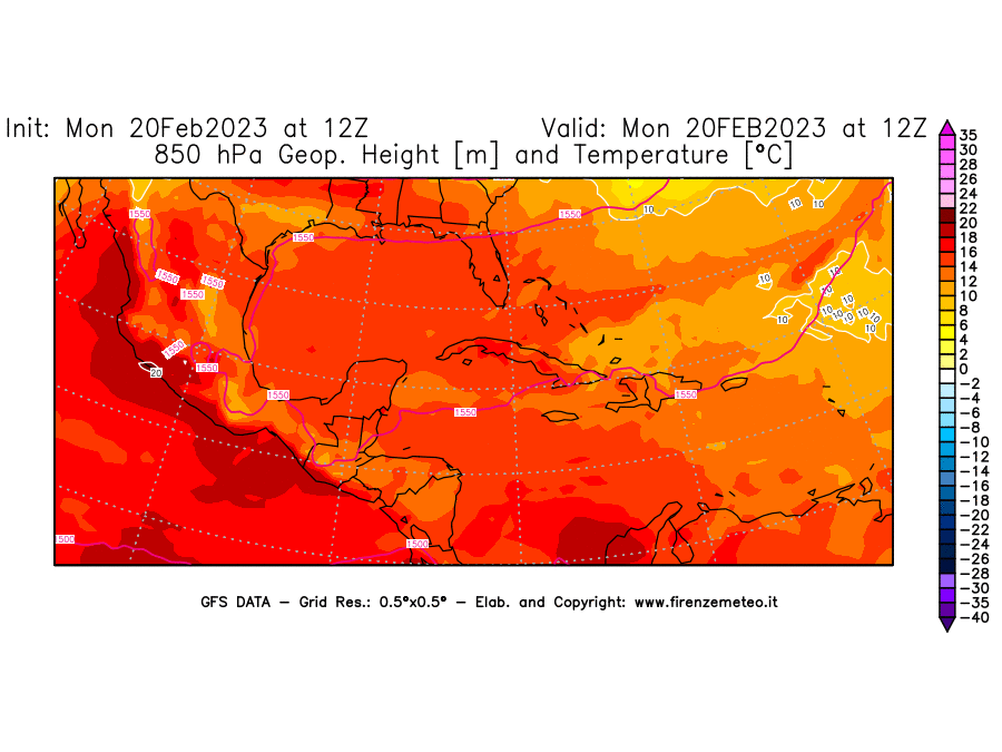 Mappa di analisi GFS - Geopotenziale [m] e Temperatura [°C] a 850 hPa in Centro-America
							del 20/02/2023 12 <!--googleoff: index-->UTC<!--googleon: index-->