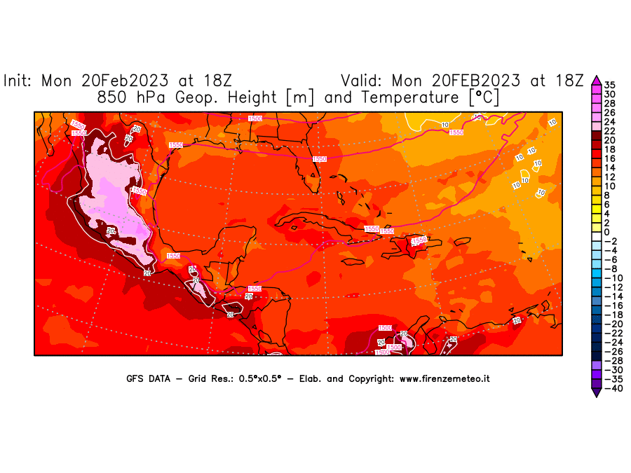 Mappa di analisi GFS - Geopotenziale [m] e Temperatura [°C] a 850 hPa in Centro-America
							del 20/02/2023 18 <!--googleoff: index-->UTC<!--googleon: index-->