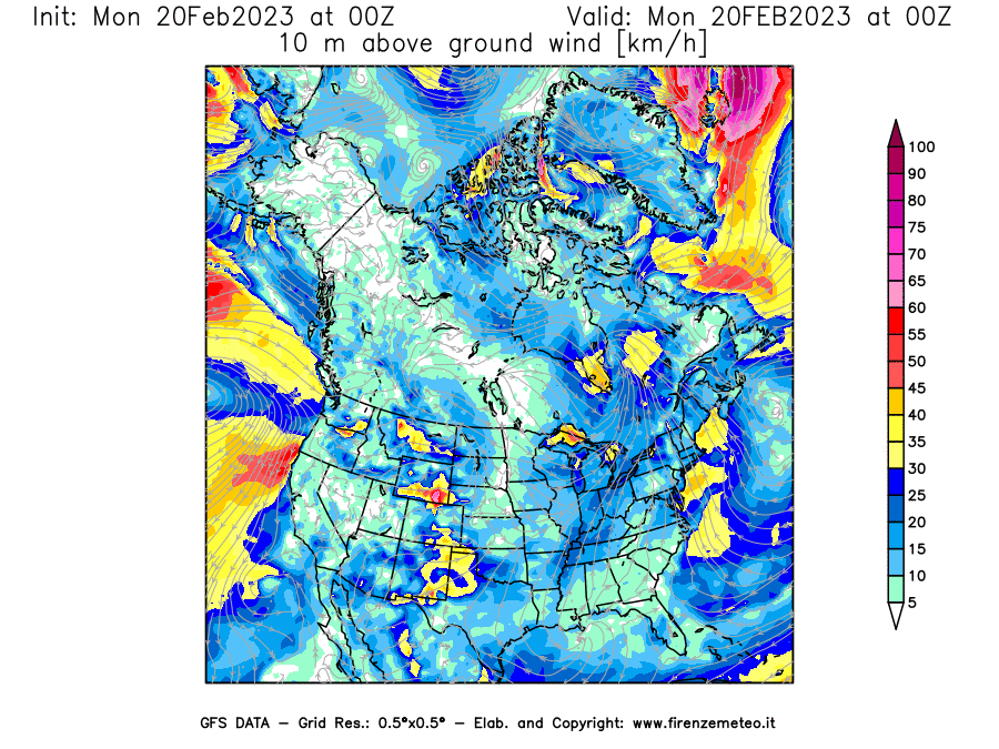 Mappa di analisi GFS - Velocità del vento a 10 metri dal suolo [km/h] in Nord-America
							del 20/02/2023 00 <!--googleoff: index-->UTC<!--googleon: index-->
