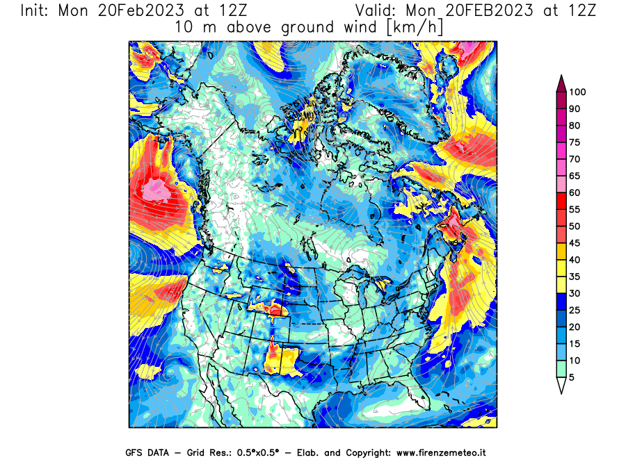 Mappa di analisi GFS - Velocità del vento a 10 metri dal suolo [km/h] in Nord-America
							del 20/02/2023 12 <!--googleoff: index-->UTC<!--googleon: index-->