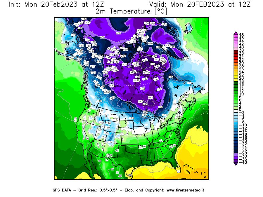Mappa di analisi GFS - Temperatura a 2 metri dal suolo [°C] in Nord-America
							del 20/02/2023 12 <!--googleoff: index-->UTC<!--googleon: index-->