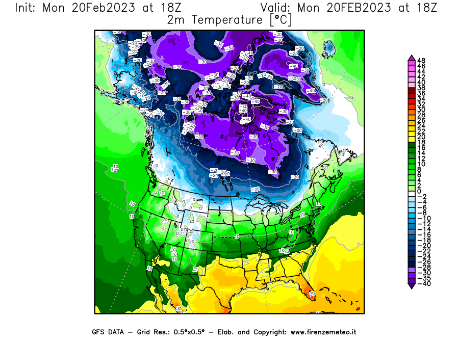 Mappa di analisi GFS - Temperatura a 2 metri dal suolo [°C] in Nord-America
							del 20/02/2023 18 <!--googleoff: index-->UTC<!--googleon: index-->