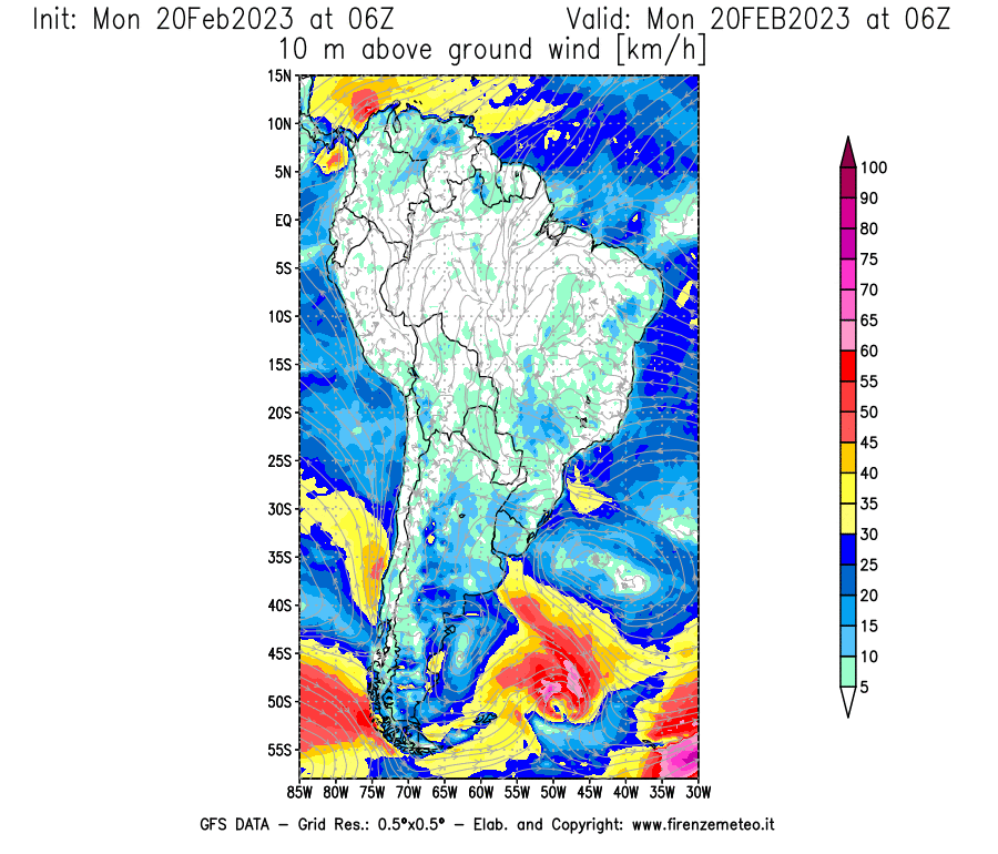 Mappa di analisi GFS - Velocità del vento a 10 metri dal suolo [km/h] in Sud-America
							del 20/02/2023 06 <!--googleoff: index-->UTC<!--googleon: index-->