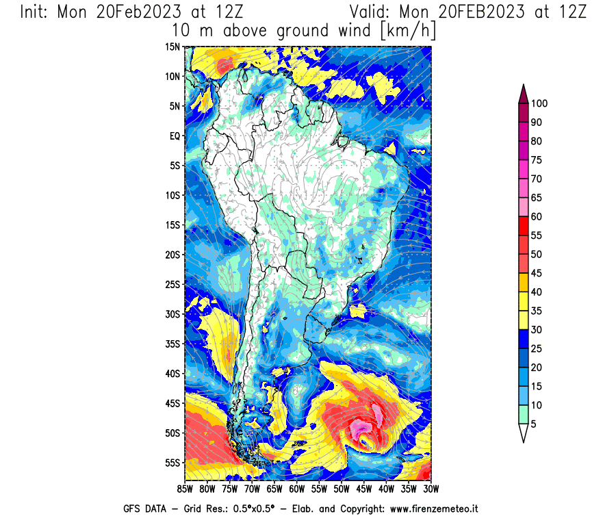 Mappa di analisi GFS - Velocità del vento a 10 metri dal suolo [km/h] in Sud-America
							del 20/02/2023 12 <!--googleoff: index-->UTC<!--googleon: index-->