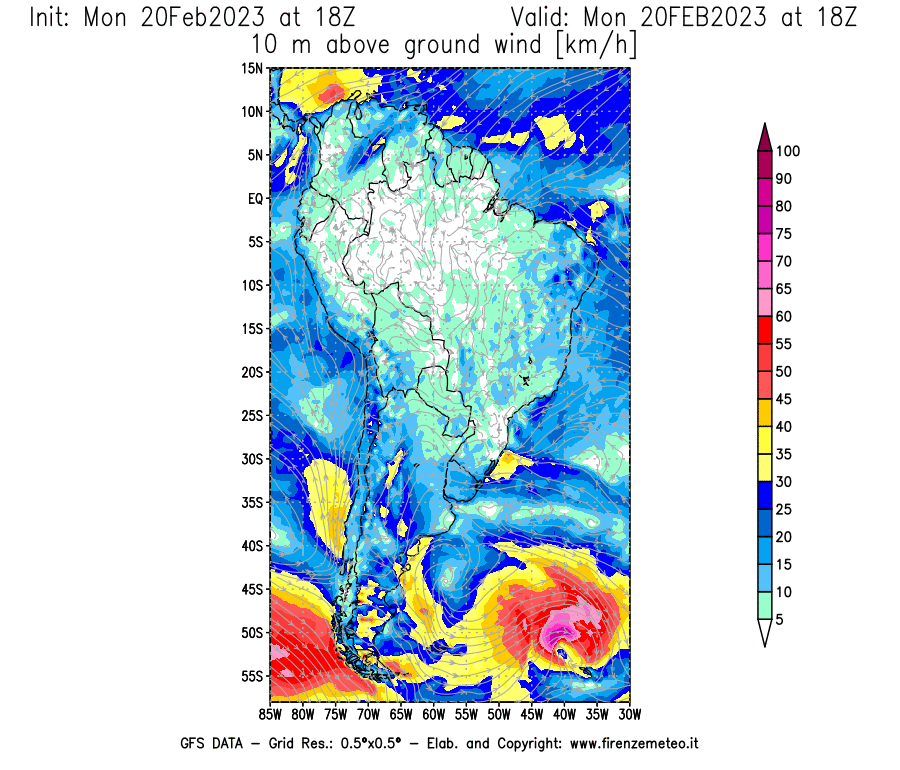 Mappa di analisi GFS - Velocità del vento a 10 metri dal suolo [km/h] in Sud-America
							del 20/02/2023 18 <!--googleoff: index-->UTC<!--googleon: index-->