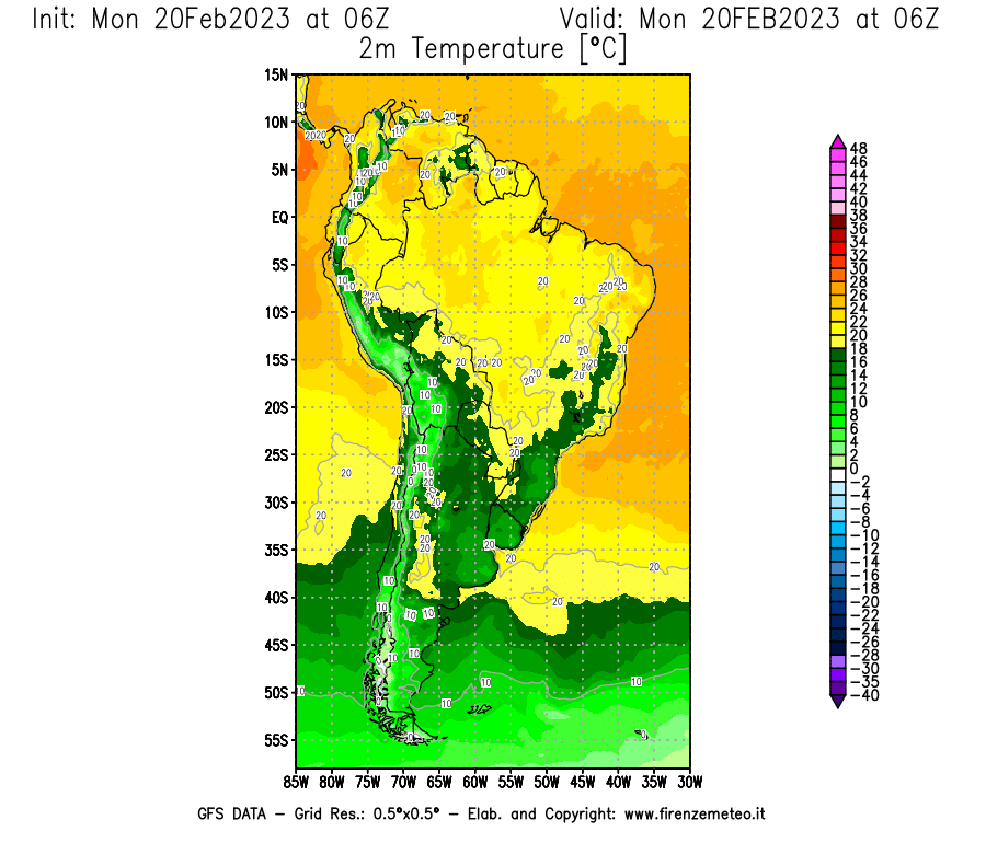 Mappa di analisi GFS - Temperatura a 2 metri dal suolo [°C] in Sud-America
							del 20/02/2023 06 <!--googleoff: index-->UTC<!--googleon: index-->