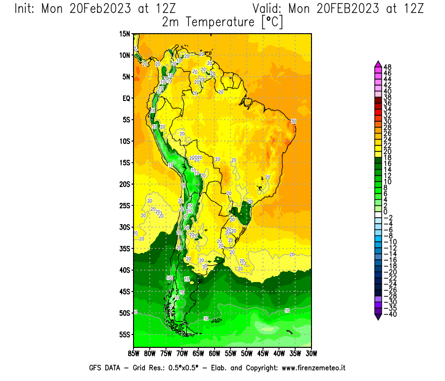 Mappa di analisi GFS - Temperatura a 2 metri dal suolo [°C] in Sud-America
							del 20/02/2023 12 <!--googleoff: index-->UTC<!--googleon: index-->