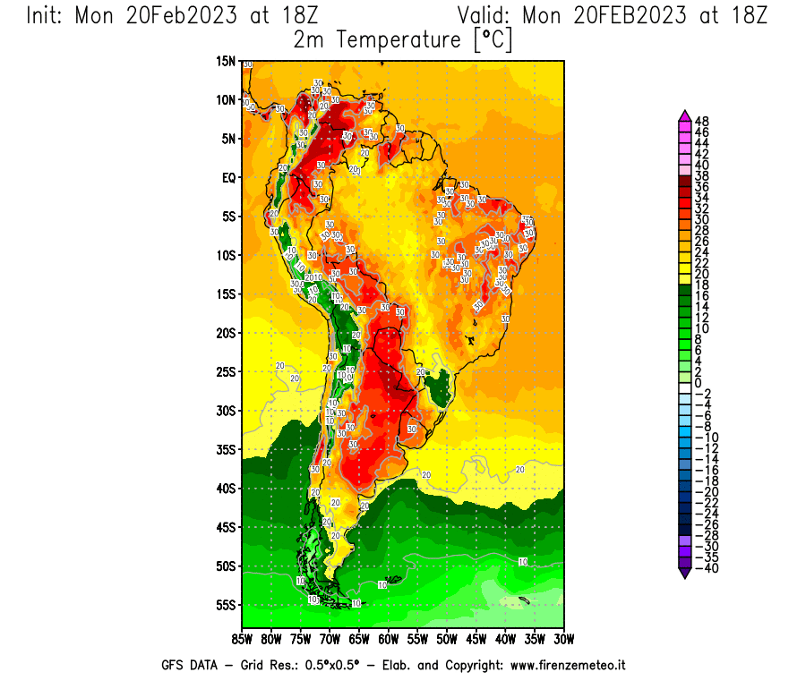 Mappa di analisi GFS - Temperatura a 2 metri dal suolo [°C] in Sud-America
							del 20/02/2023 18 <!--googleoff: index-->UTC<!--googleon: index-->