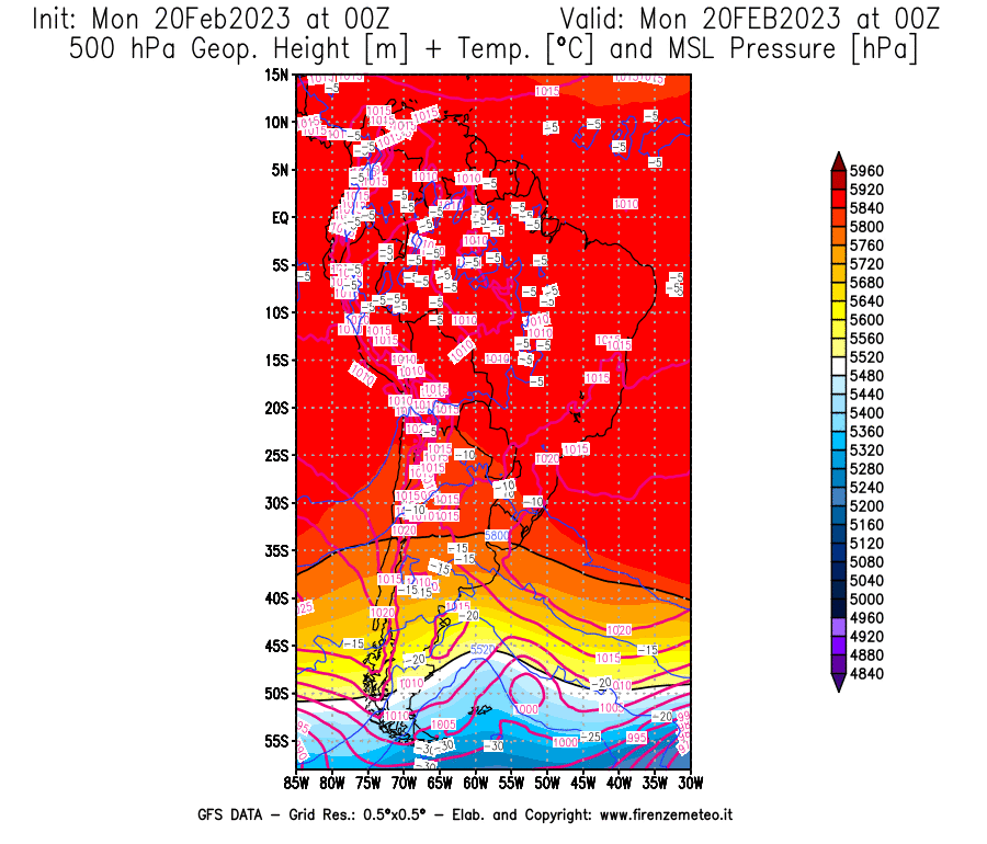 Mappa di analisi GFS - Geopotenziale [m] + Temp. [°C] a 500 hPa + Press. a livello del mare [hPa] in Sud-America
							del 20/02/2023 00 <!--googleoff: index-->UTC<!--googleon: index-->