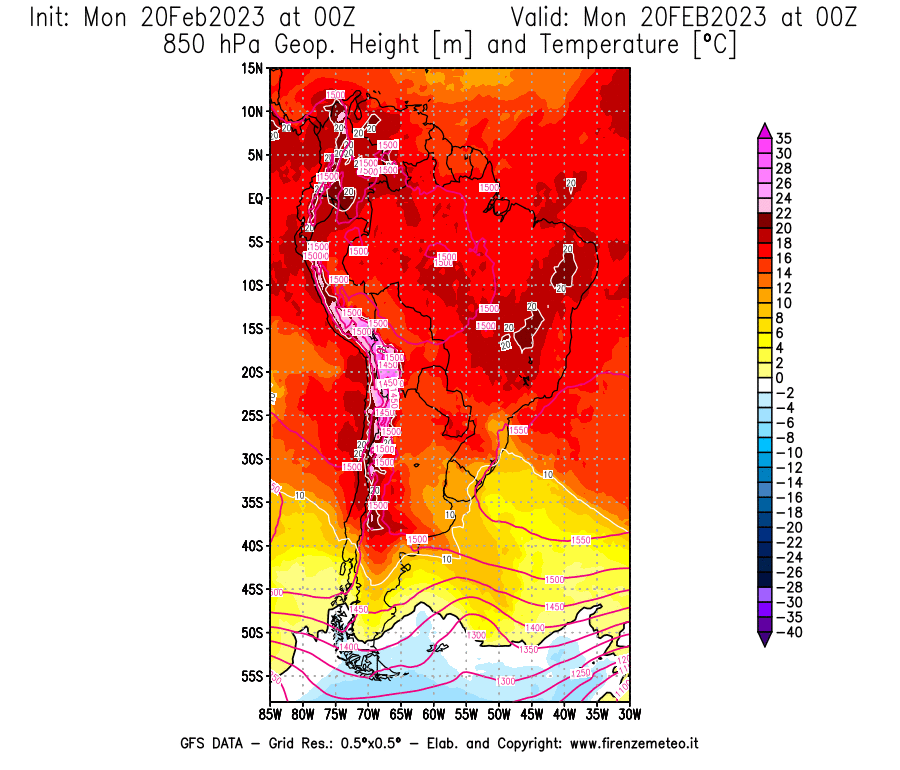 Mappa di analisi GFS - Geopotenziale [m] e Temperatura [°C] a 850 hPa in Sud-America
							del 20/02/2023 00 <!--googleoff: index-->UTC<!--googleon: index-->