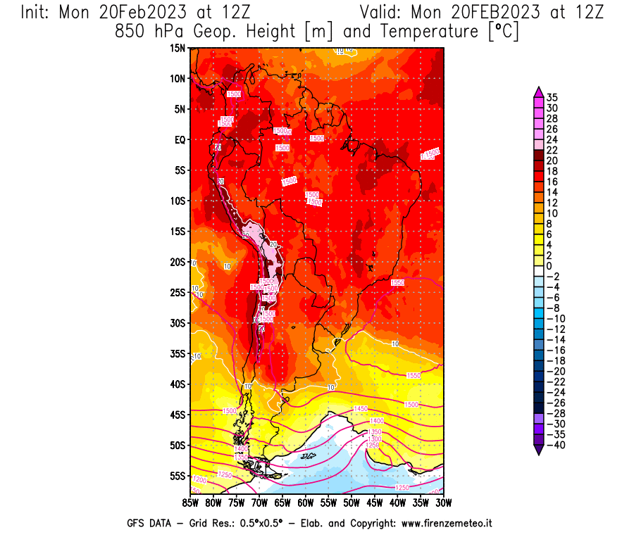 Mappa di analisi GFS - Geopotenziale [m] e Temperatura [°C] a 850 hPa in Sud-America
							del 20/02/2023 12 <!--googleoff: index-->UTC<!--googleon: index-->