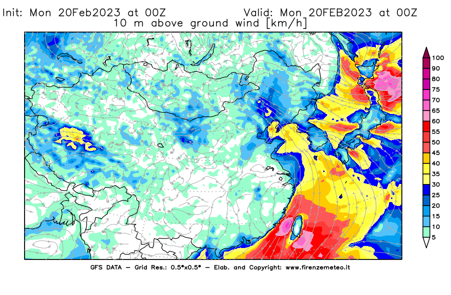Mappa di analisi GFS - Velocità del vento a 10 metri dal suolo [km/h] in Asia Orientale
							del 20/02/2023 00 <!--googleoff: index-->UTC<!--googleon: index-->