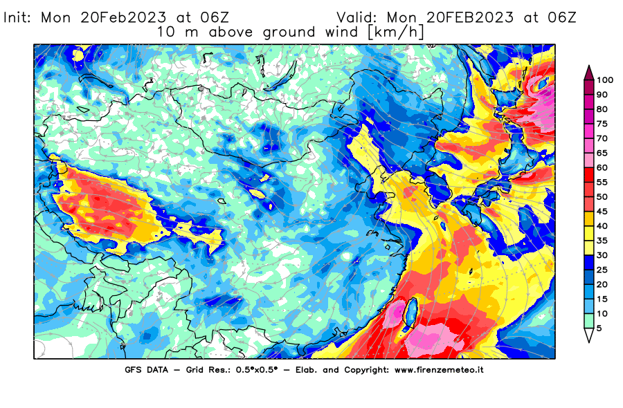 Mappa di analisi GFS - Velocità del vento a 10 metri dal suolo [km/h] in Asia Orientale
							del 20/02/2023 06 <!--googleoff: index-->UTC<!--googleon: index-->