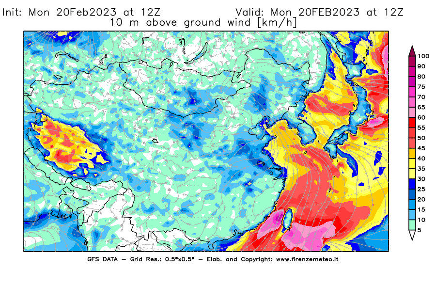 Mappa di analisi GFS - Velocità del vento a 10 metri dal suolo [km/h] in Asia Orientale
							del 20/02/2023 12 <!--googleoff: index-->UTC<!--googleon: index-->