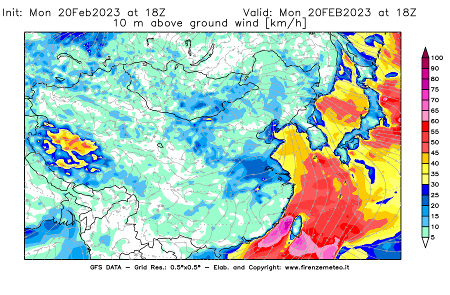 Mappa di analisi GFS - Velocità del vento a 10 metri dal suolo [km/h] in Asia Orientale
							del 20/02/2023 18 <!--googleoff: index-->UTC<!--googleon: index-->