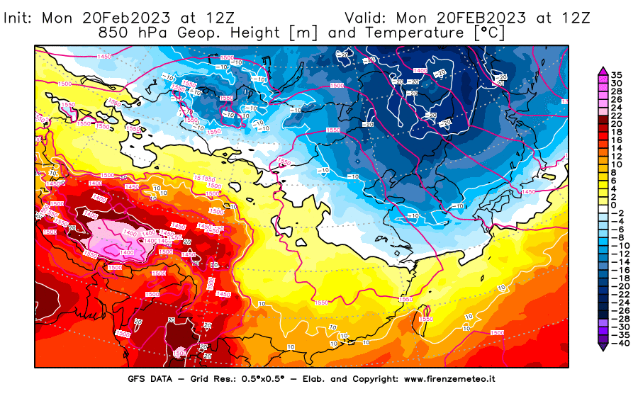 Mappa di analisi GFS - Geopotenziale [m] e Temperatura [°C] a 850 hPa in Asia Orientale
							del 20/02/2023 12 <!--googleoff: index-->UTC<!--googleon: index-->