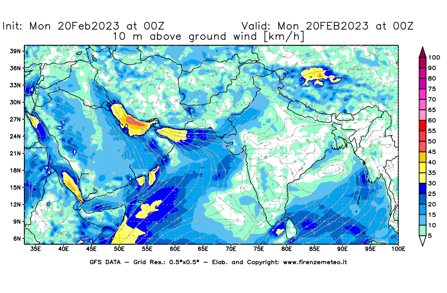 Mappa di analisi GFS - Velocità del vento a 10 metri dal suolo [km/h] in Asia Sud-Occidentale
							del 20/02/2023 00 <!--googleoff: index-->UTC<!--googleon: index-->
