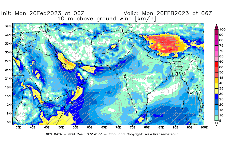 Mappa di analisi GFS - Velocità del vento a 10 metri dal suolo [km/h] in Asia Sud-Occidentale
							del 20/02/2023 06 <!--googleoff: index-->UTC<!--googleon: index-->