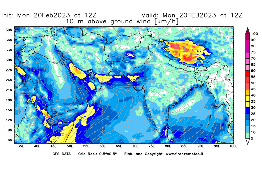 Mappa di analisi GFS - Velocità del vento a 10 metri dal suolo [km/h] in Asia Sud-Occidentale
							del 20/02/2023 12 <!--googleoff: index-->UTC<!--googleon: index-->