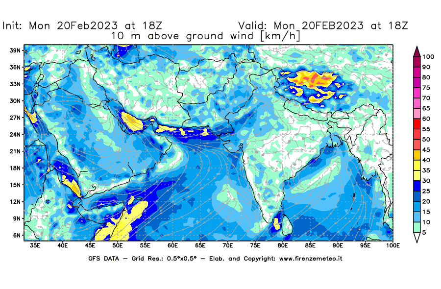 Mappa di analisi GFS - Velocità del vento a 10 metri dal suolo [km/h] in Asia Sud-Occidentale
							del 20/02/2023 18 <!--googleoff: index-->UTC<!--googleon: index-->