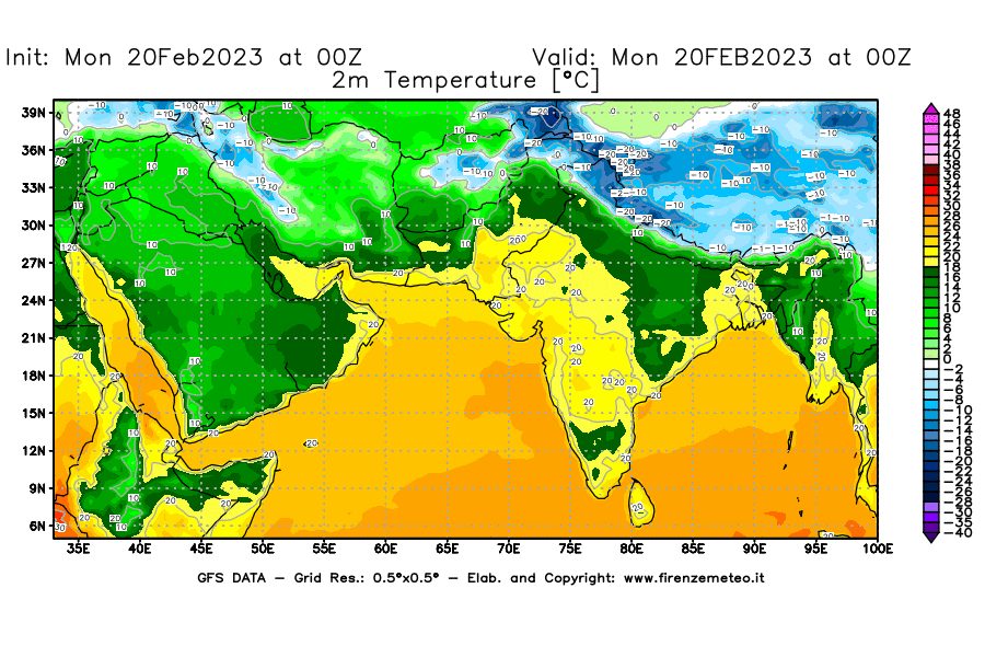 Mappa di analisi GFS - Temperatura a 2 metri dal suolo [°C] in Asia Sud-Occidentale
							del 20/02/2023 00 <!--googleoff: index-->UTC<!--googleon: index-->