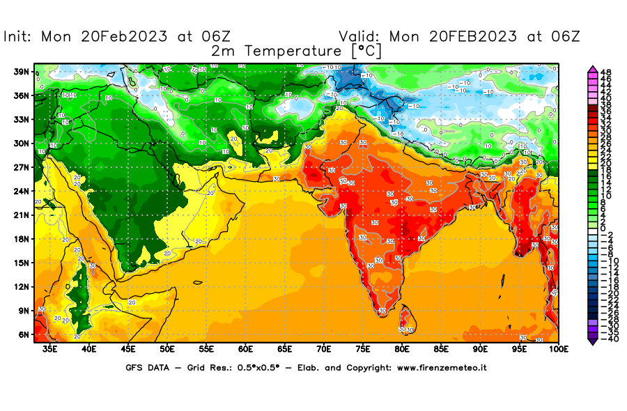 Mappa di analisi GFS - Temperatura a 2 metri dal suolo [°C] in Asia Sud-Occidentale
							del 20/02/2023 06 <!--googleoff: index-->UTC<!--googleon: index-->