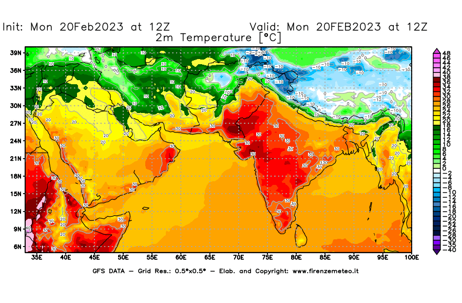 Mappa di analisi GFS - Temperatura a 2 metri dal suolo [°C] in Asia Sud-Occidentale
							del 20/02/2023 12 <!--googleoff: index-->UTC<!--googleon: index-->