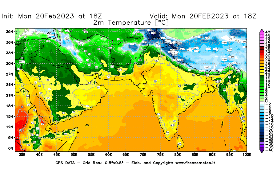Mappa di analisi GFS - Temperatura a 2 metri dal suolo [°C] in Asia Sud-Occidentale
							del 20/02/2023 18 <!--googleoff: index-->UTC<!--googleon: index-->