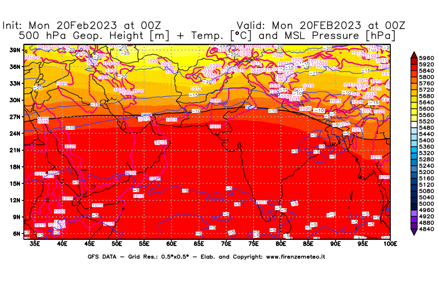 Mappa di analisi GFS - Geopotenziale [m] + Temp. [°C] a 500 hPa + Press. a livello del mare [hPa] in Asia Sud-Occidentale
							del 20/02/2023 00 <!--googleoff: index-->UTC<!--googleon: index-->