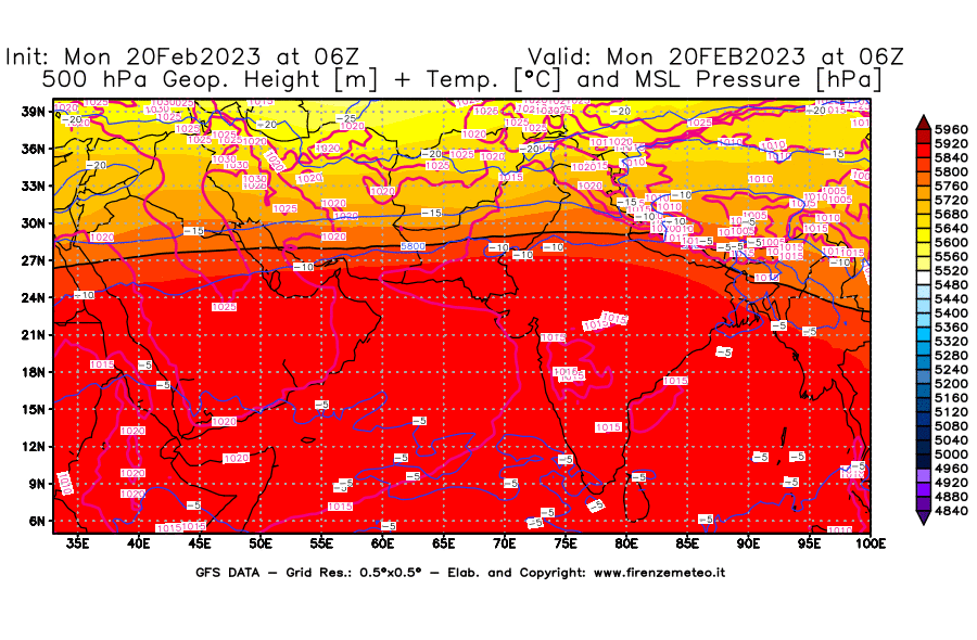 Mappa di analisi GFS - Geopotenziale [m] + Temp. [°C] a 500 hPa + Press. a livello del mare [hPa] in Asia Sud-Occidentale
							del 20/02/2023 06 <!--googleoff: index-->UTC<!--googleon: index-->