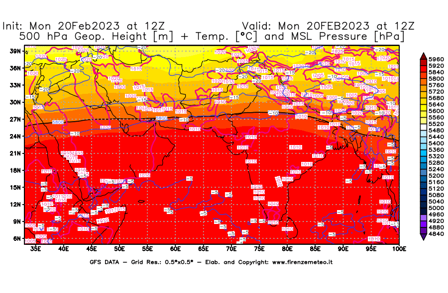 Mappa di analisi GFS - Geopotenziale [m] + Temp. [°C] a 500 hPa + Press. a livello del mare [hPa] in Asia Sud-Occidentale
							del 20/02/2023 12 <!--googleoff: index-->UTC<!--googleon: index-->