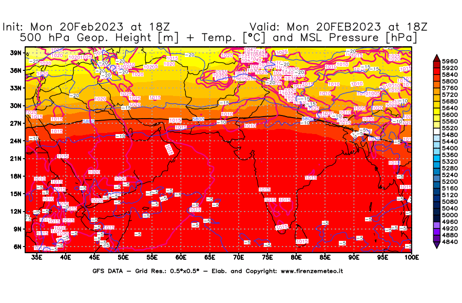 Mappa di analisi GFS - Geopotenziale [m] + Temp. [°C] a 500 hPa + Press. a livello del mare [hPa] in Asia Sud-Occidentale
							del 20/02/2023 18 <!--googleoff: index-->UTC<!--googleon: index-->