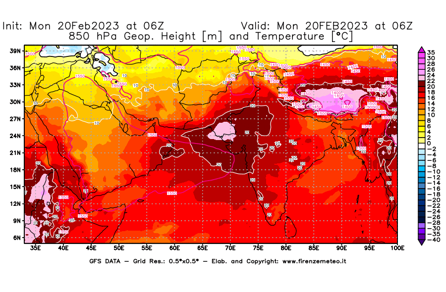 Mappa di analisi GFS - Geopotenziale [m] e Temperatura [°C] a 850 hPa in Asia Sud-Occidentale
							del 20/02/2023 06 <!--googleoff: index-->UTC<!--googleon: index-->