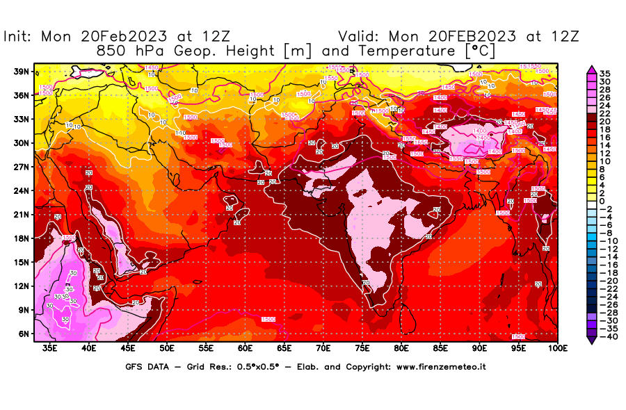 Mappa di analisi GFS - Geopotenziale [m] e Temperatura [°C] a 850 hPa in Asia Sud-Occidentale
							del 20/02/2023 12 <!--googleoff: index-->UTC<!--googleon: index-->