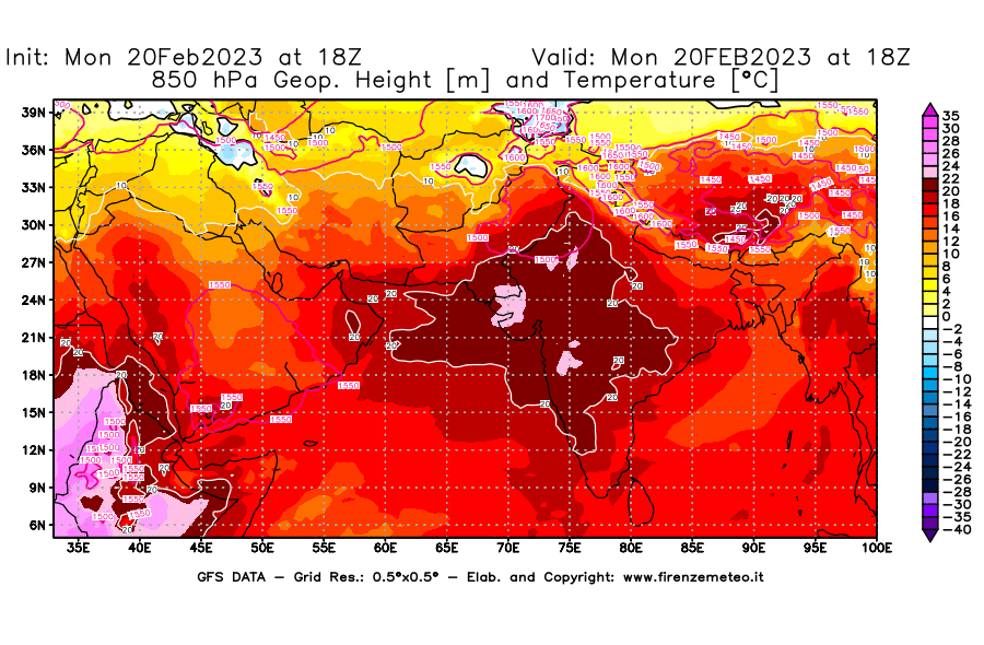 Mappa di analisi GFS - Geopotenziale [m] e Temperatura [°C] a 850 hPa in Asia Sud-Occidentale
							del 20/02/2023 18 <!--googleoff: index-->UTC<!--googleon: index-->