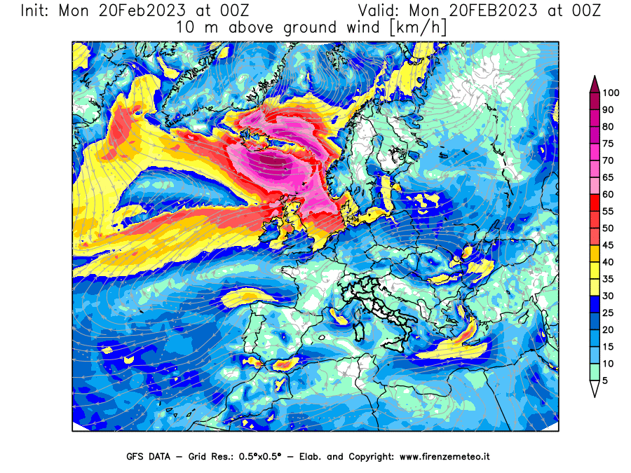 Mappa di analisi GFS - Velocità del vento a 10 metri dal suolo [km/h] in Europa
							del 20/02/2023 00 <!--googleoff: index-->UTC<!--googleon: index-->