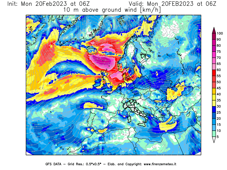 Mappa di analisi GFS - Velocità del vento a 10 metri dal suolo [km/h] in Europa
							del 20/02/2023 06 <!--googleoff: index-->UTC<!--googleon: index-->